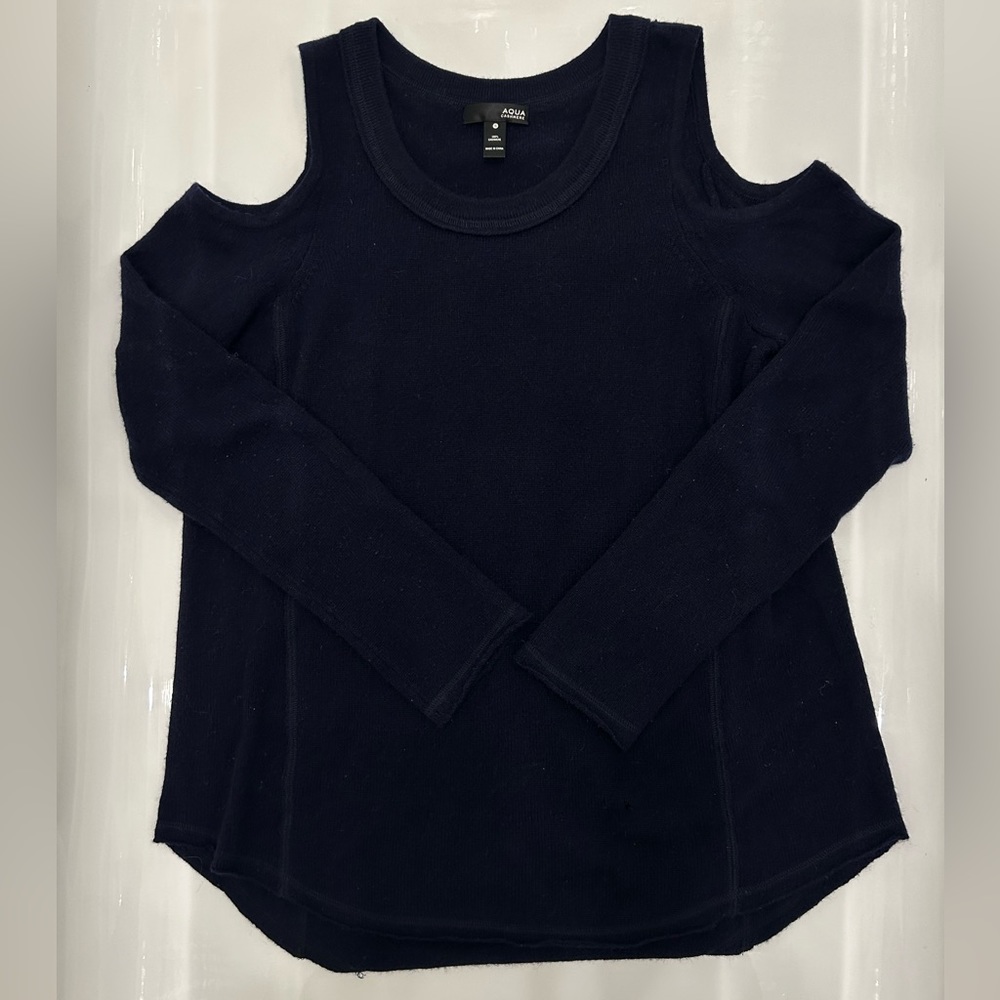 Bloomingdales exclusive AQUA 100% cashmere navy blue shoulder cut out sweater